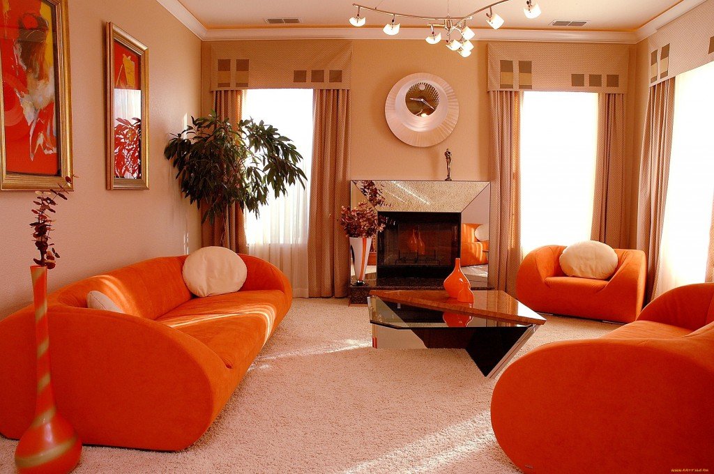 تصميم غرفة المعيشة 17 متر مربع في الألوان البرتقالية