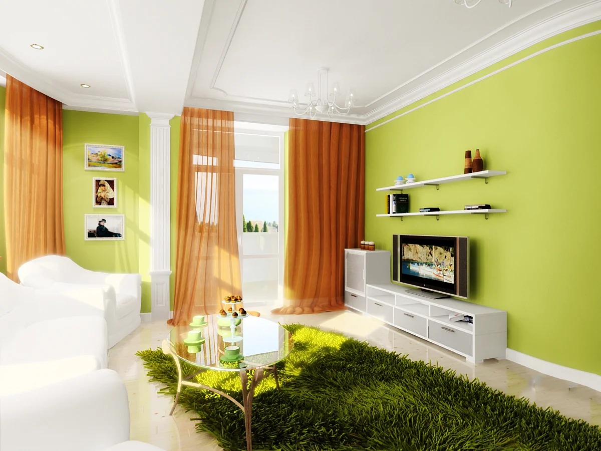 living room in green tones 17sq m