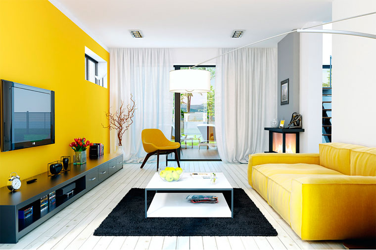 غرفة المعيشة 17 متر مربع في الألوان الصفراء