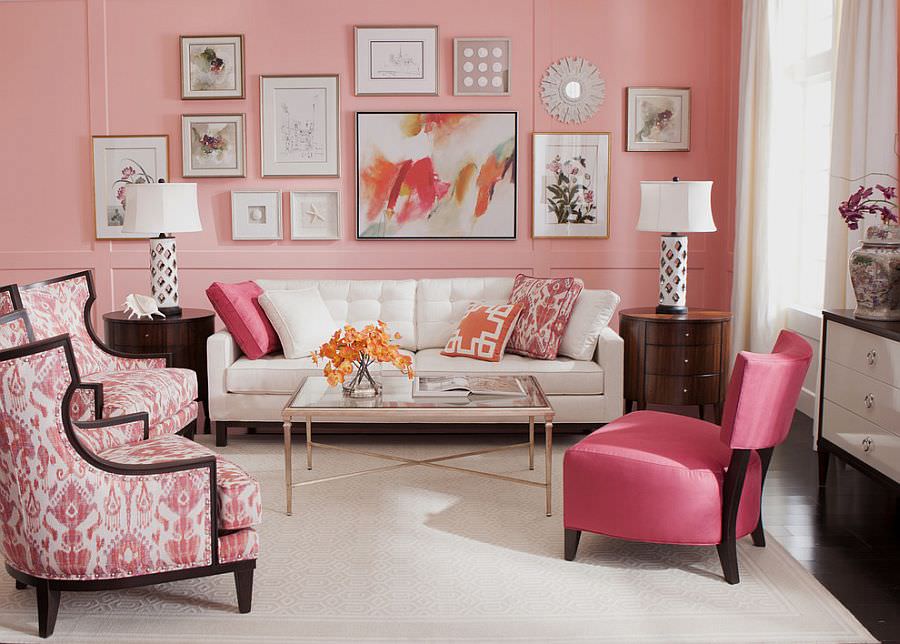 phòng khách màu hồng tươi sáng