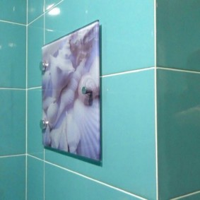 Overhead hatch with photo printing on the bathroom wall