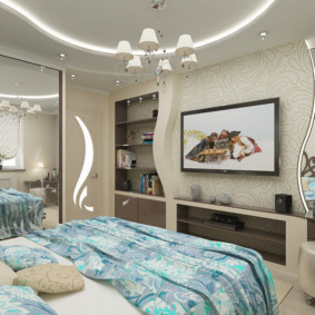 Design of a bedroom with a mirror cabinet in front of the window
