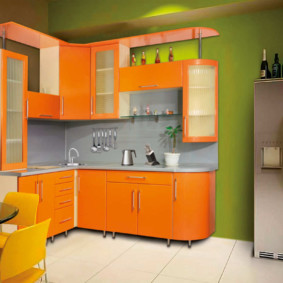 Orange facades of a kitchen set
