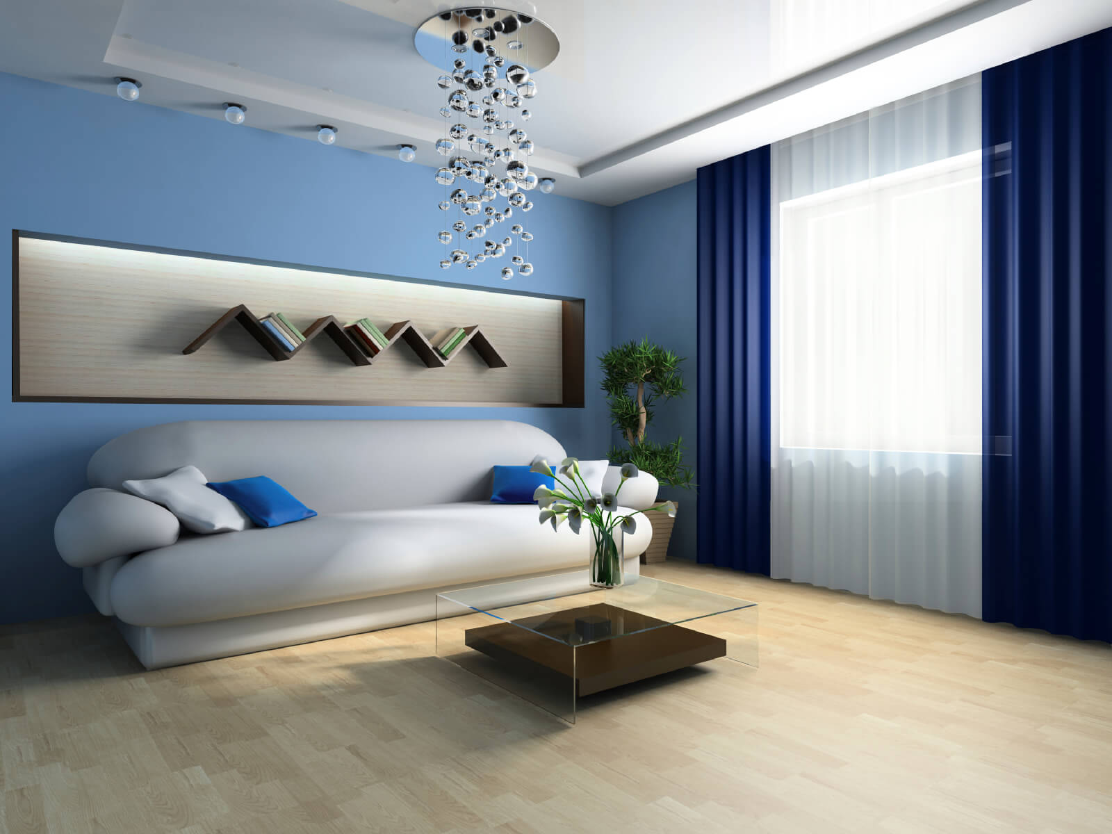غرفة المعيشة بألوان زرقاء بساطتها
