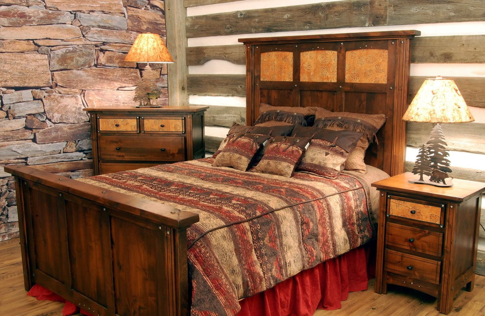 Koka gulta lauku stila guļamistabā