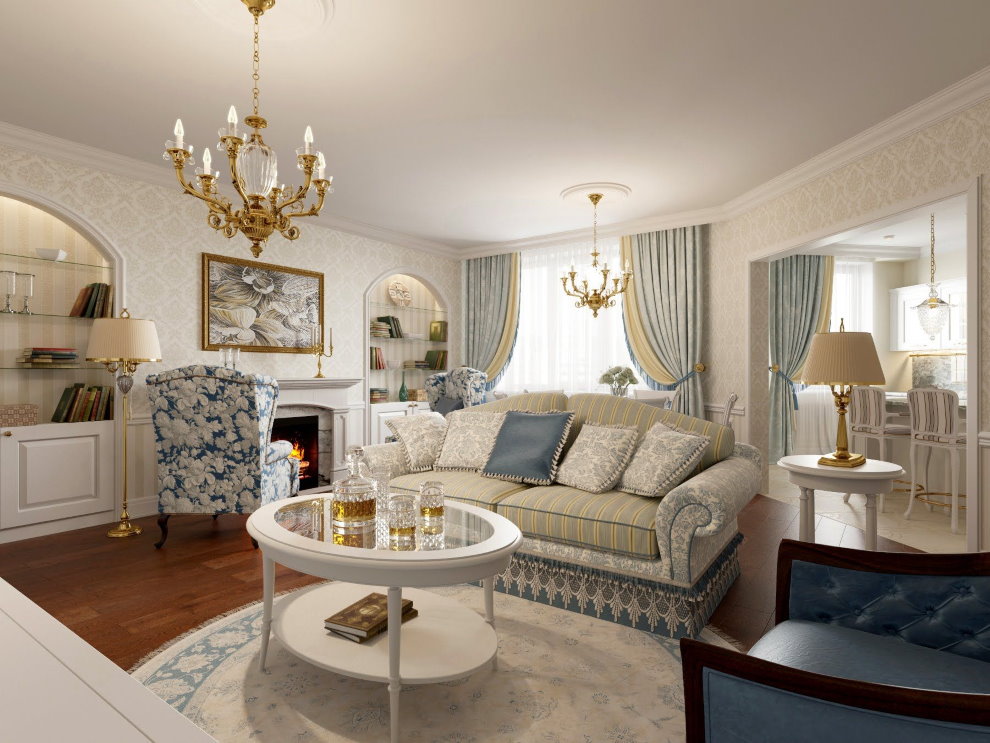 غرفة معيشة على الطراز الكلاسيكي تبلغ مساحتها 25 مترًا مربعًا