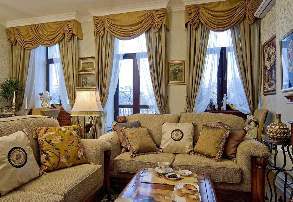 Classic curtains with lambrequin in the living room of a private house