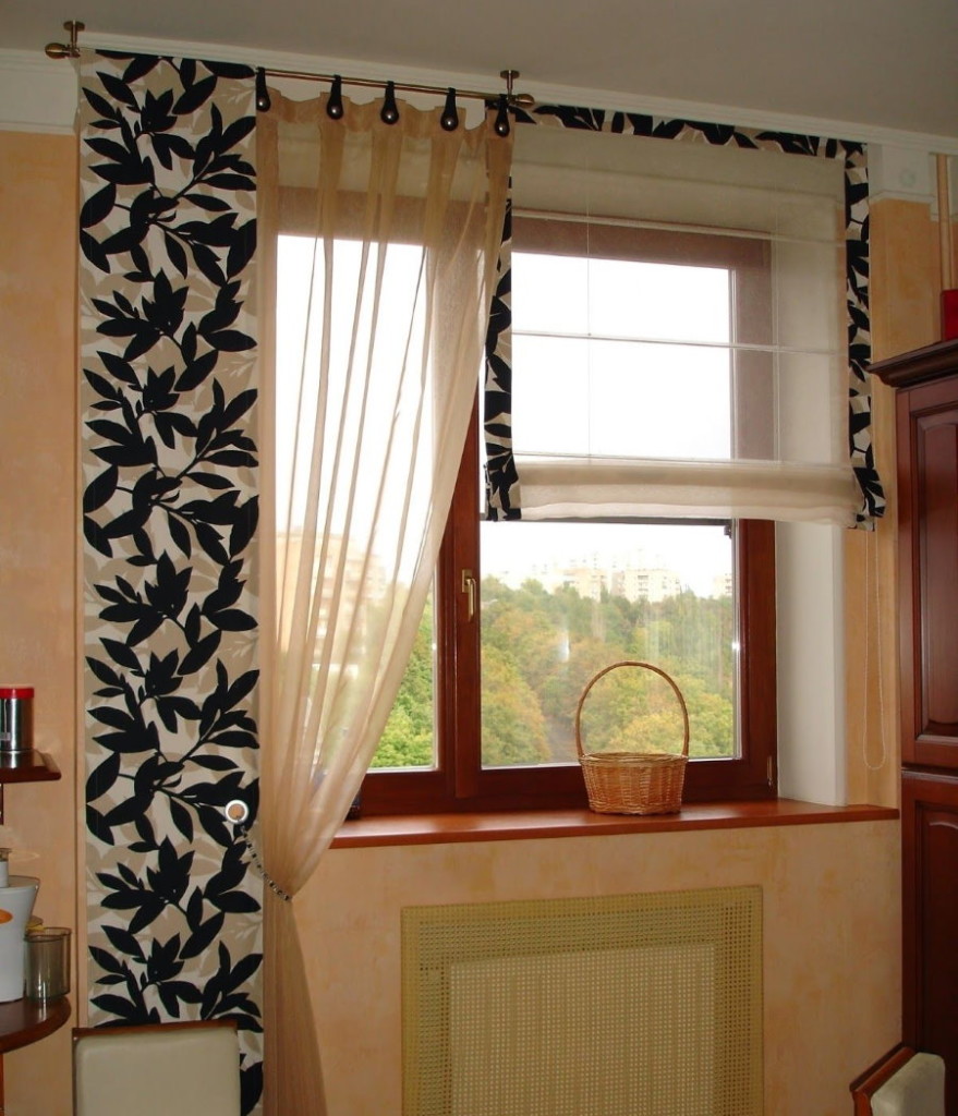 Homemade curtains on one side of the kitchen window