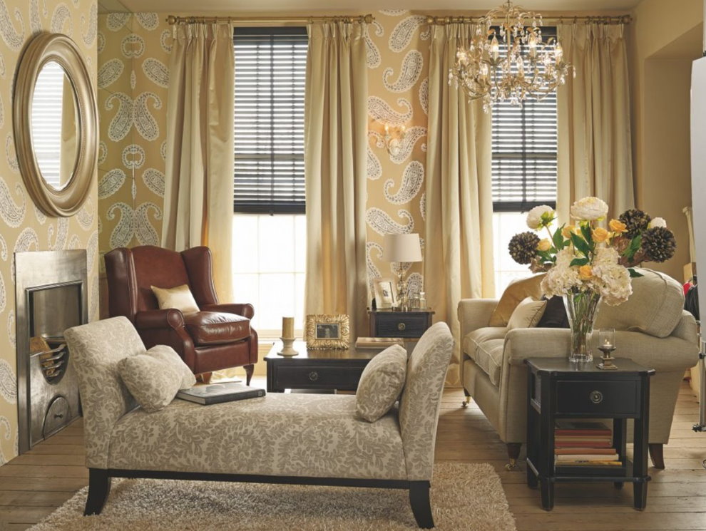 Beige curtains in the living room with vinyl wallpaper