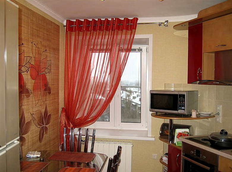 Translucent red fabric curtain