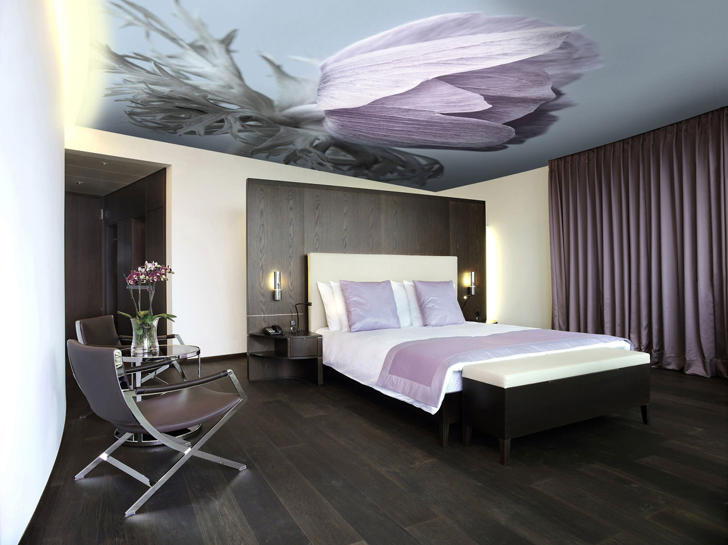 stretch ceilings in the bedroom with photo printing