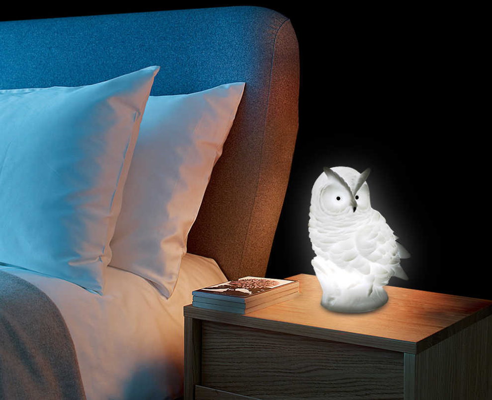 Desktop nightlight in the shape of an owl on the bedside table