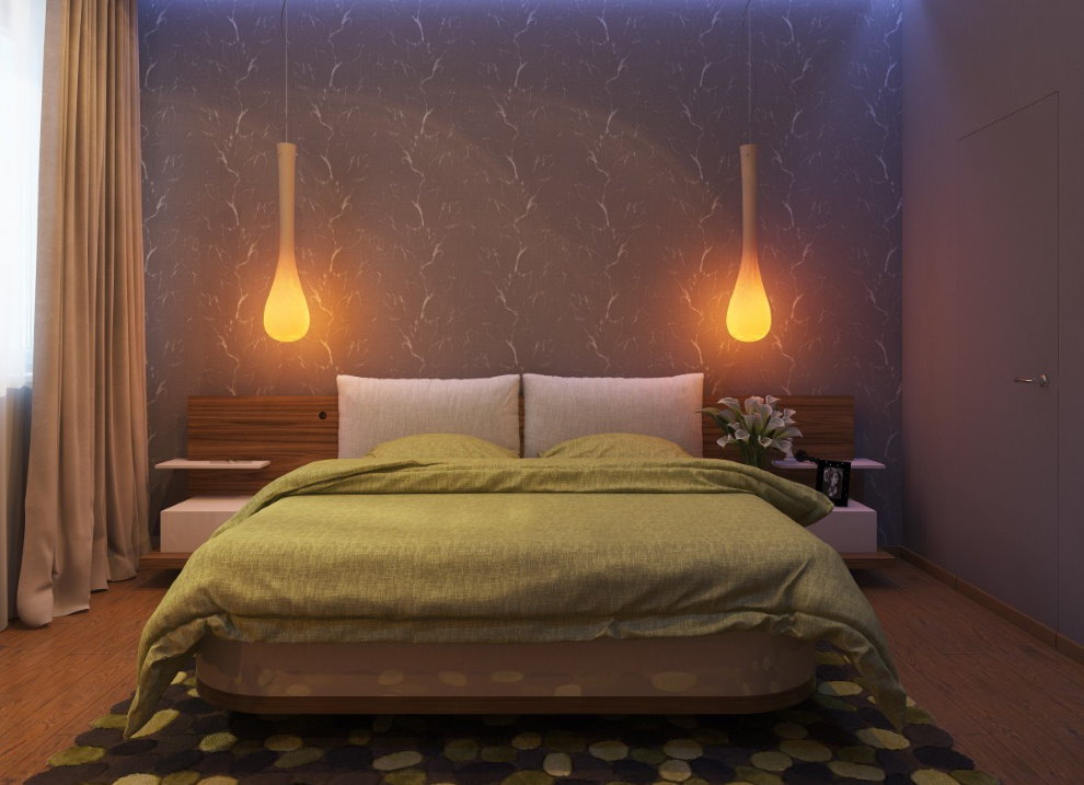 Teardrop-shaped nightlights over the head of the bed