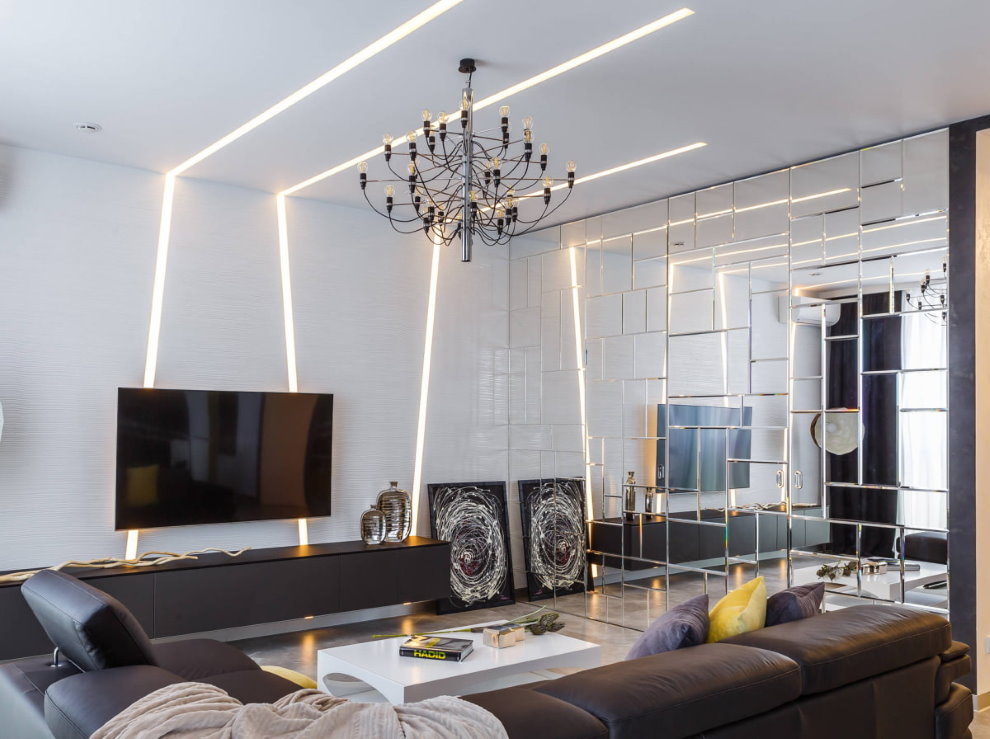 Linear ceiling lights with chandelier