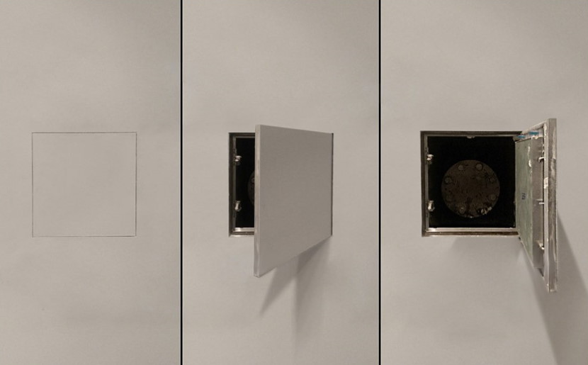 Three positions of the hidden hatch in the bathroom wall