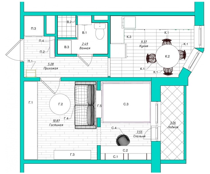 38 m2 alana sahip bir stüdyo daire için yeniden geliştirme planı