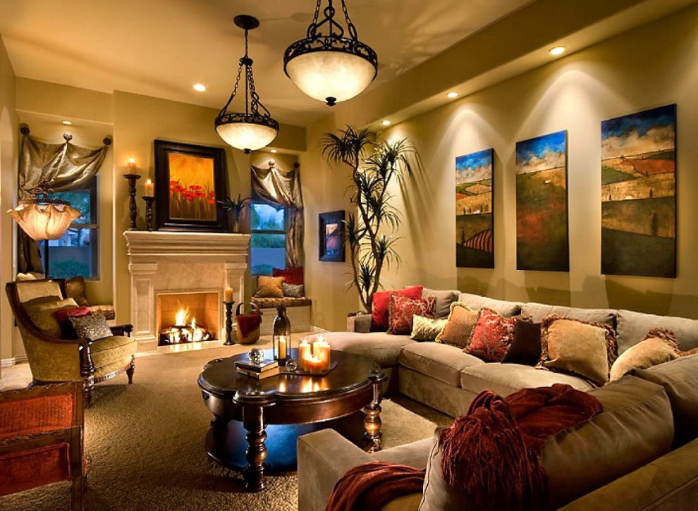 Organization of lighting a living room with a fireplace
