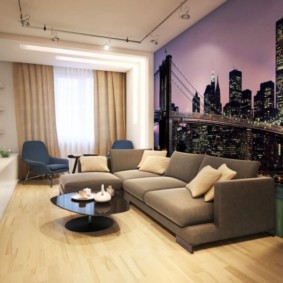 Night city on the wallpaper in the modern style hall