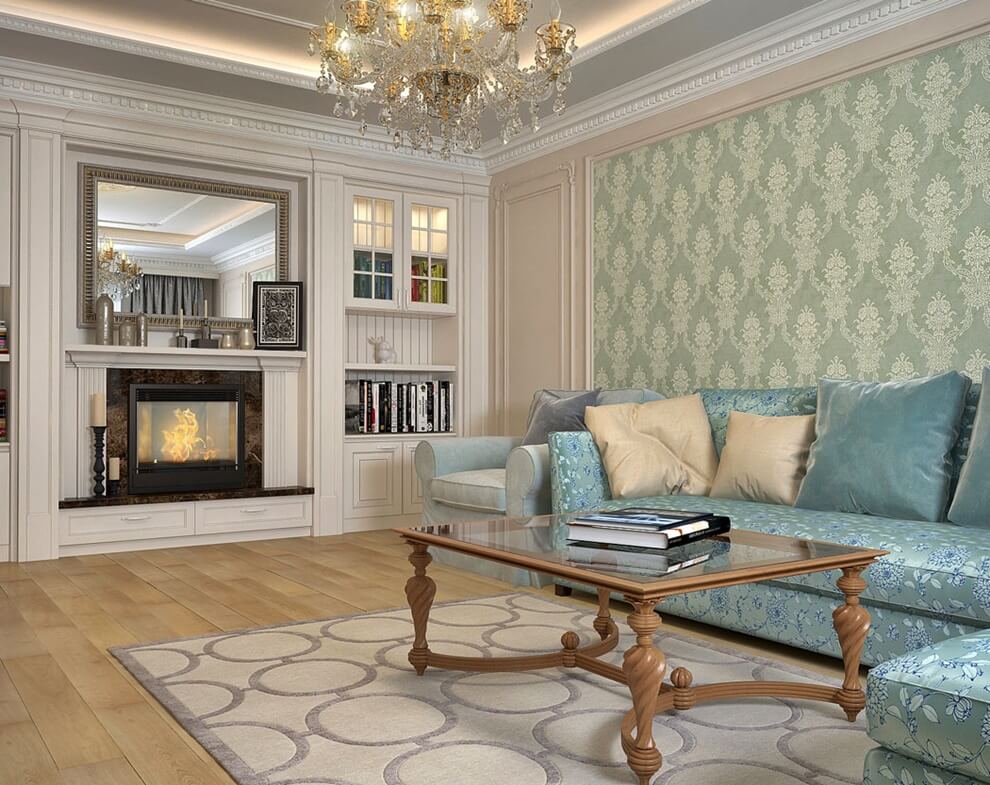 Corner sofa in the living room of the neoclassical style