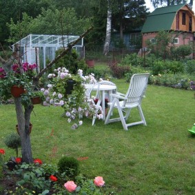 Garden furniture on a green lawn