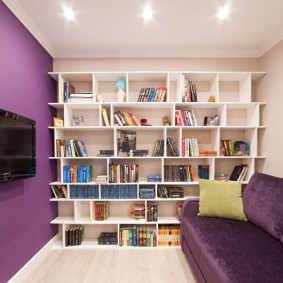 Open shelves throughout the room