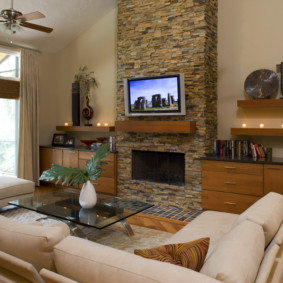 Living room interior with TV on fireplace