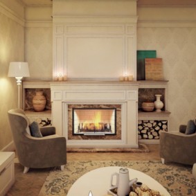 Chairs with high armrests in front of the fireplace in the hall