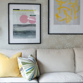 Paintings on the wall with vinyl wallpaper