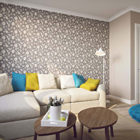 Light gray wallpaper in a rectangular living room