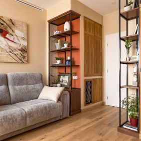 Shelving in a room with a direct sofa