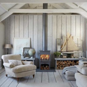 Potbelly stove in a Scandinavian style room