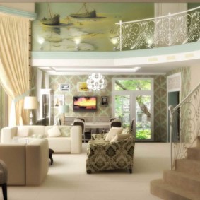 Design a living room in a house with a staircase
