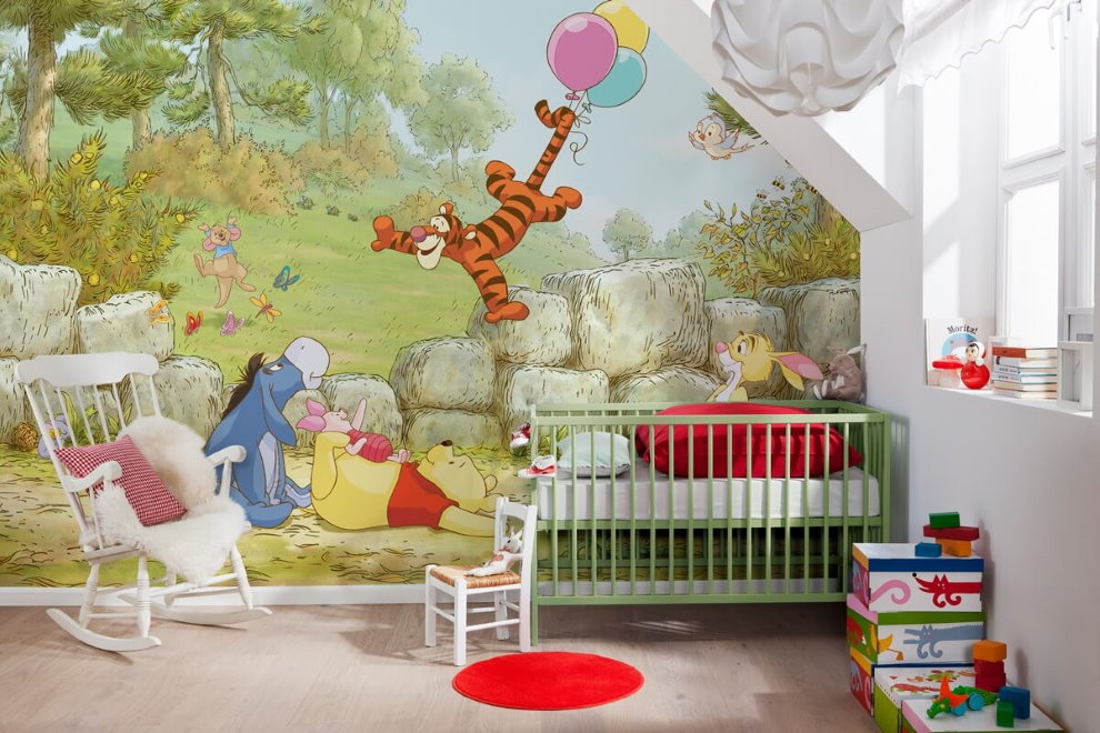 غرفة أطفال مع خلفية صور ثلاثية الأبعاد على جدار اللكنة