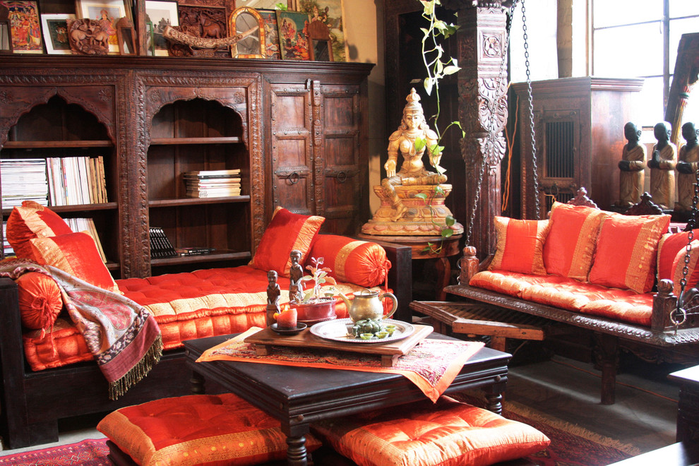 Bright seats with national ornaments on Indian furniture
