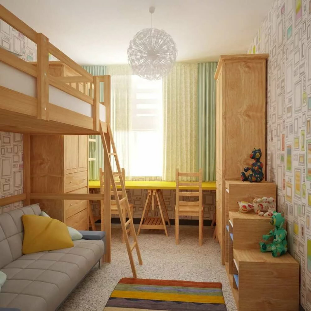 Meubles en bois dans une petite pièce pour deux enfants