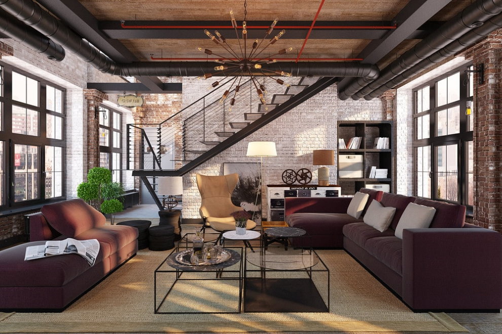 Metal staircase in a loft style living room
