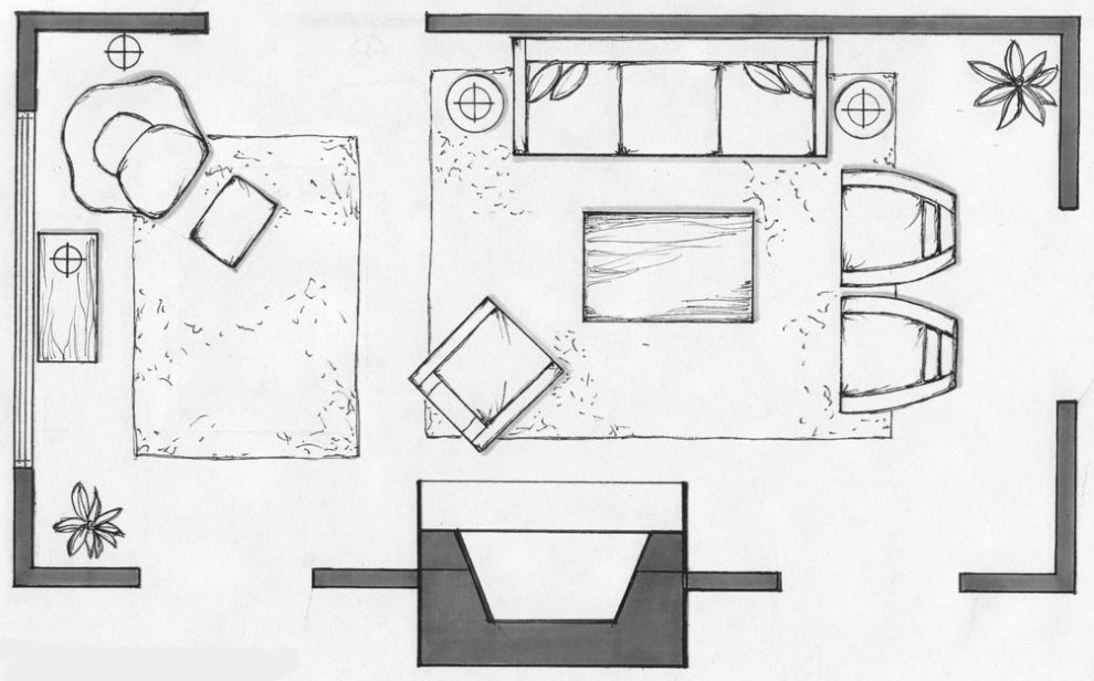Agencement de mobilier dans une pièce rectangulaire avec cheminée