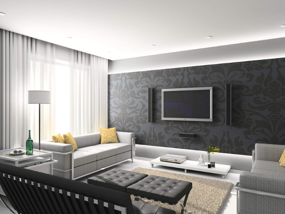 Giấy dán tường tối màu trên tường phòng khách theo phong cách công nghệ cao