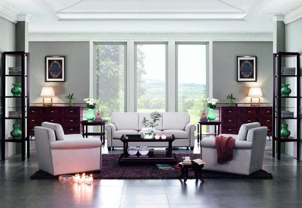 Disposition symétrique des meubles dans la salle de style néoclassique