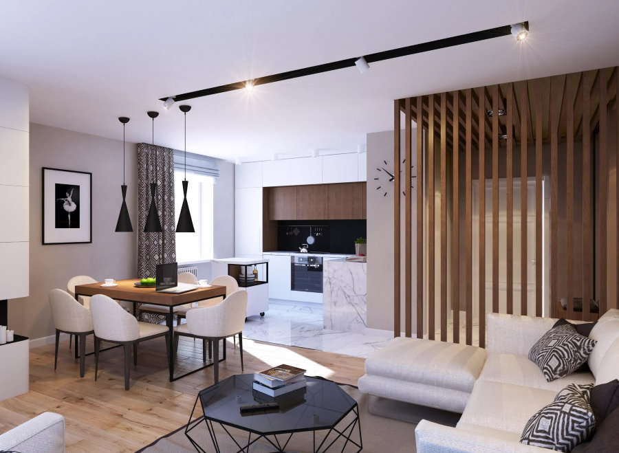Modern bir dairede mutfak-oturma odası tasarımı