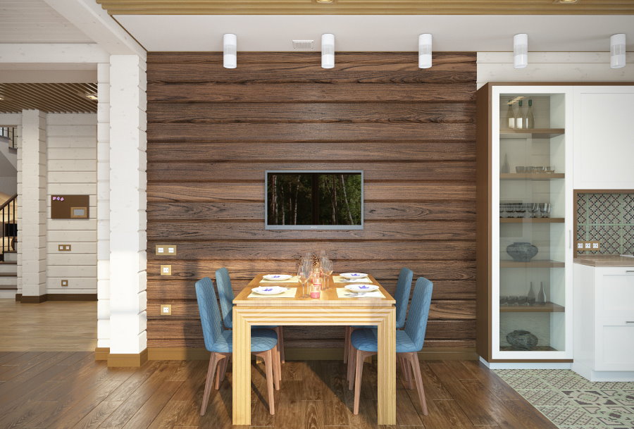 Mur d'accent design dans le salon-cuisine d'une maison en bois