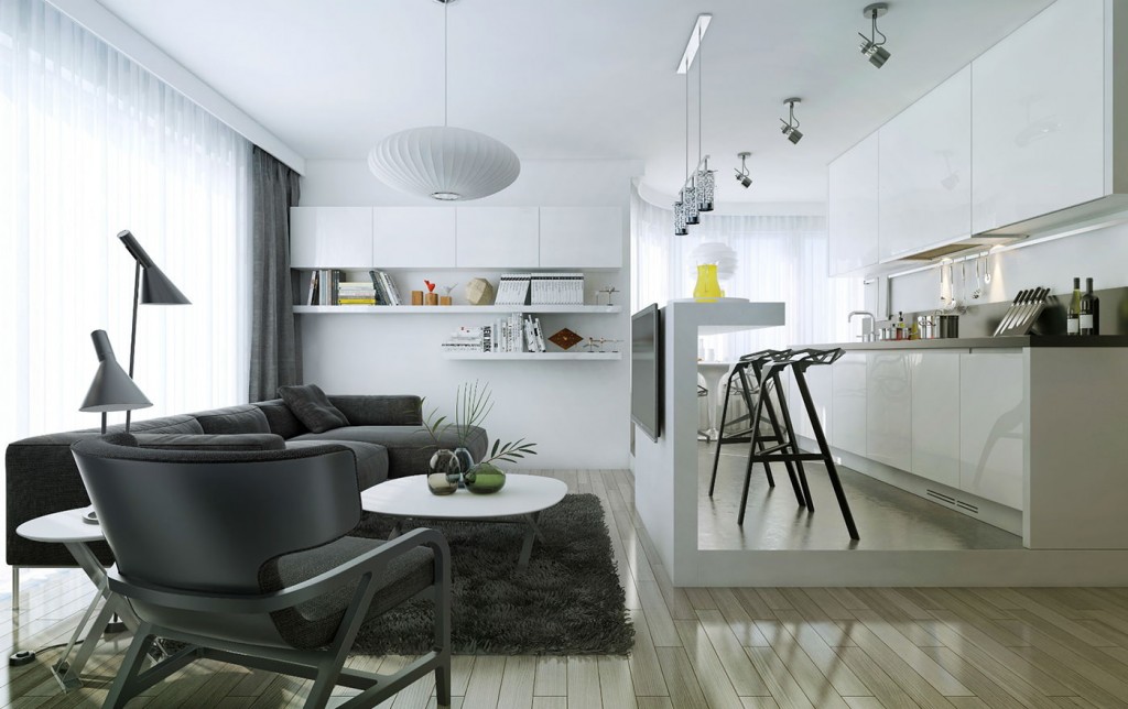 Stylish thin-leg stand between the kitchen and the living room