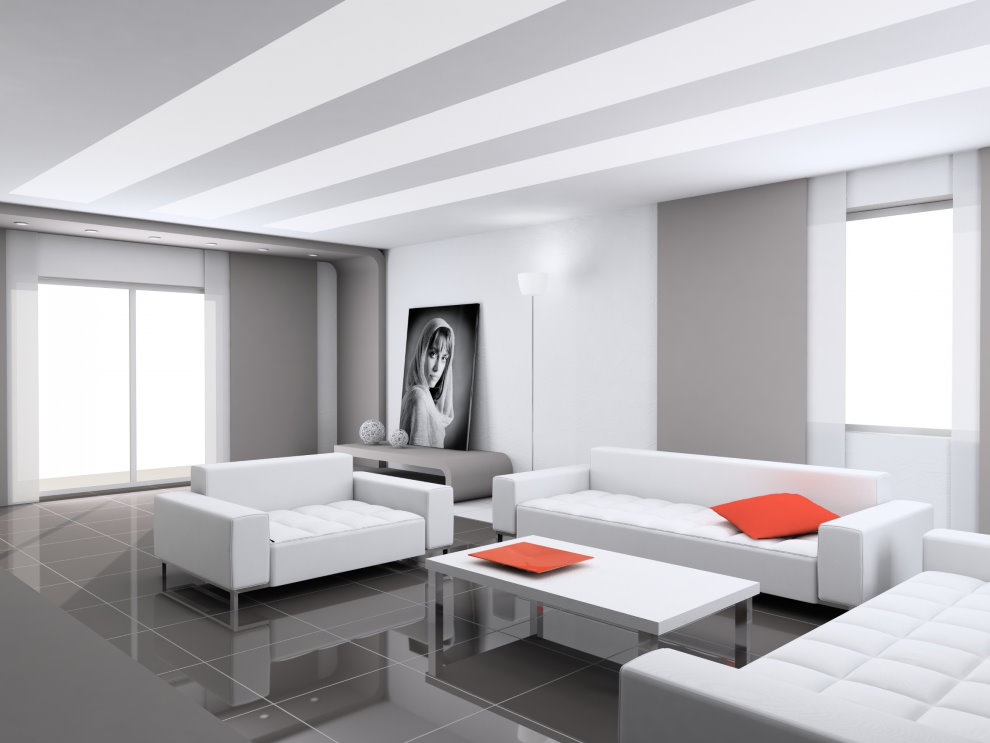 Yüksek teknoloji ürünü bir oturma odasının gri zemininde beyaz mobilyalar