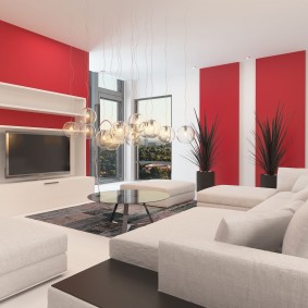 الأحمر والأبيض الداخلية لغرفة المعيشة الحديثة