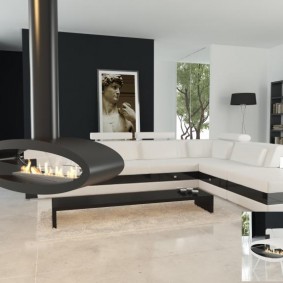 Asılı şömineli minimalist oturma odası