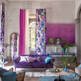 Bright curtains in the hall of a private house