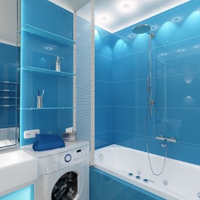 Blue tiles in a small bathroom