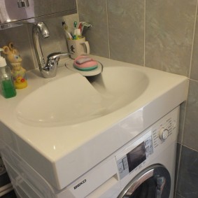 The combination of a sink with a washing machine