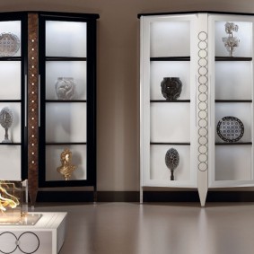Two display cases in contrasting colors