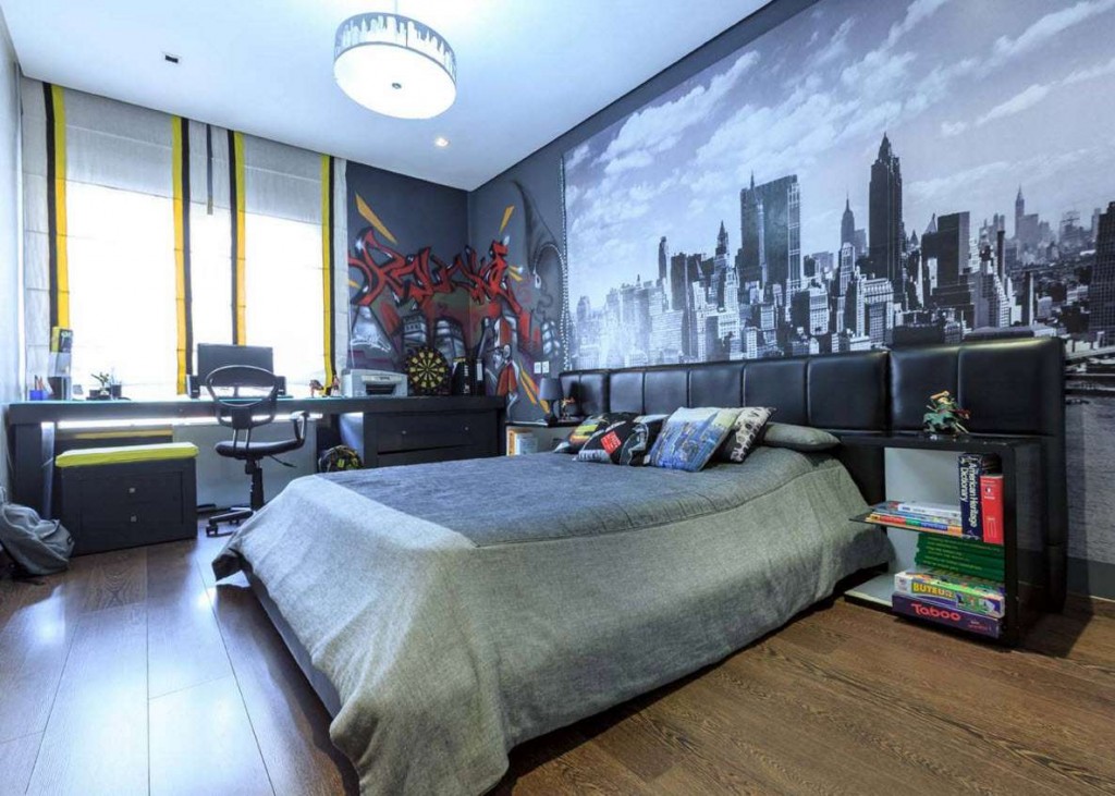 Bir genç için bir yatak odası duvarında bir megalopolis ile duvar resmi